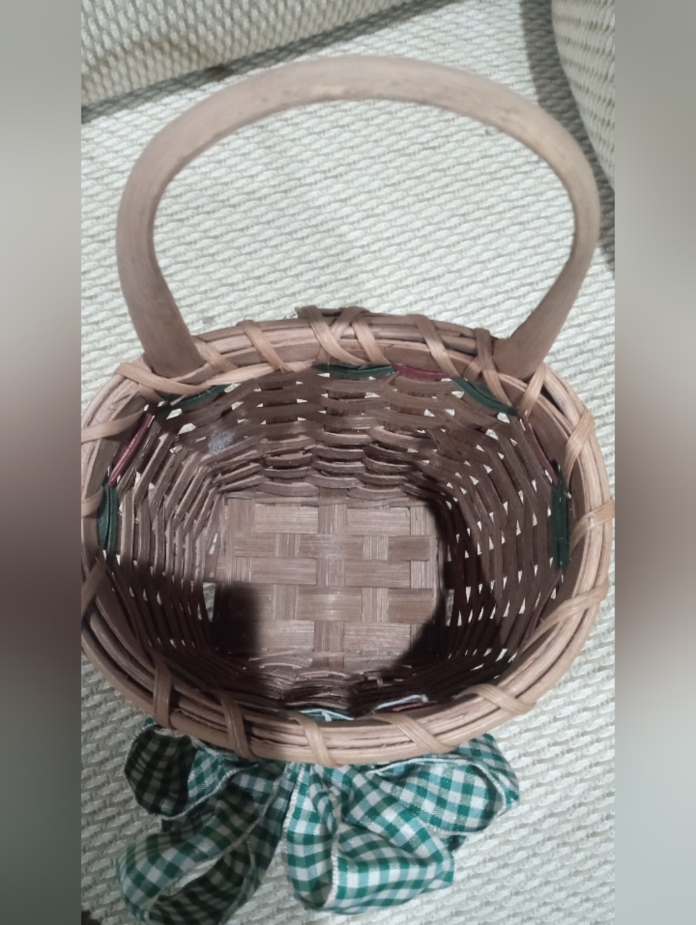 Woven Decorative Basket with Green Gingham Bow and Painted Apple - Picture 2 of 4